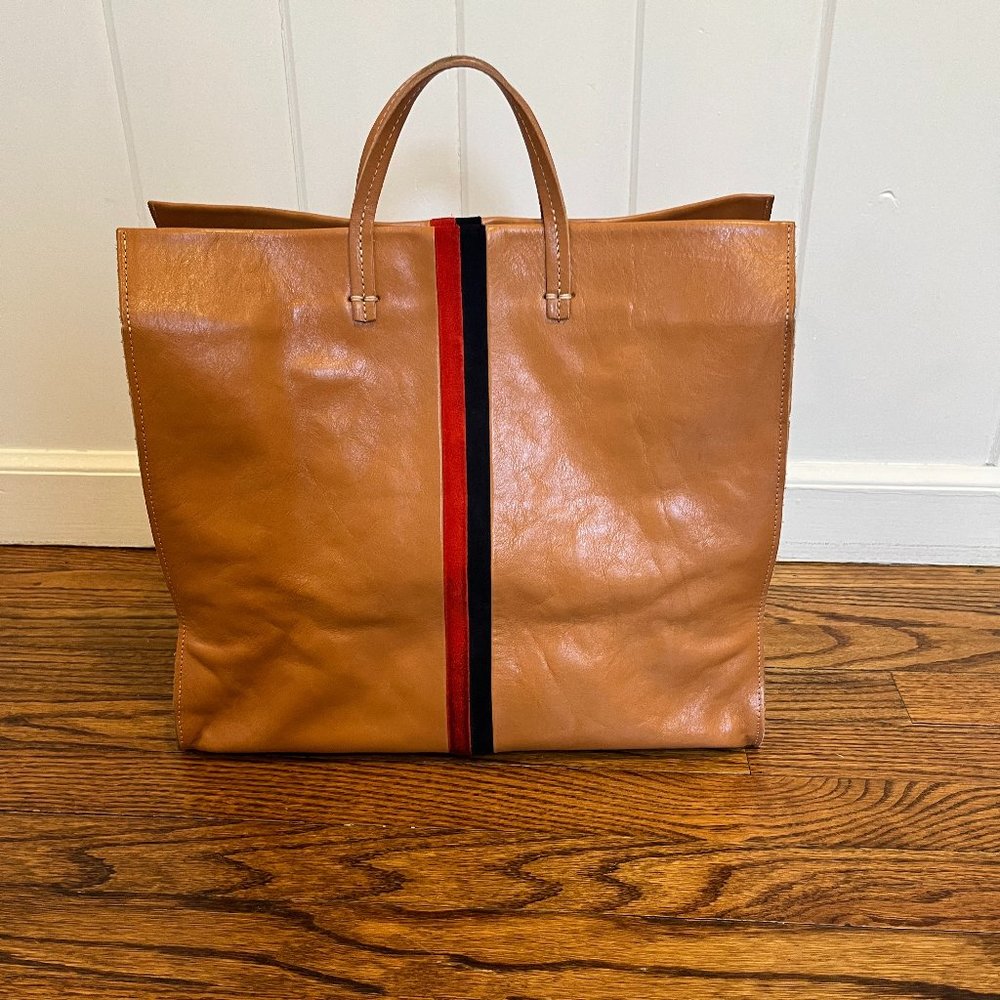 Clare V. Simple Leather Tote- Miel Rustic with Navy and Red Suede Desert Stripes